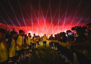 Cristiano Ronaldo in a team huddle of Al-Nasr Saudi Club